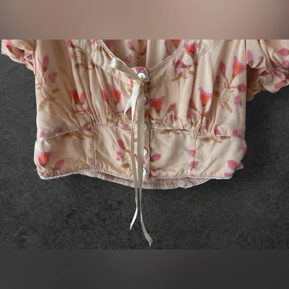 Free People Easy to Love Ivory Puff Sleeve Floral Crop Top Size XS